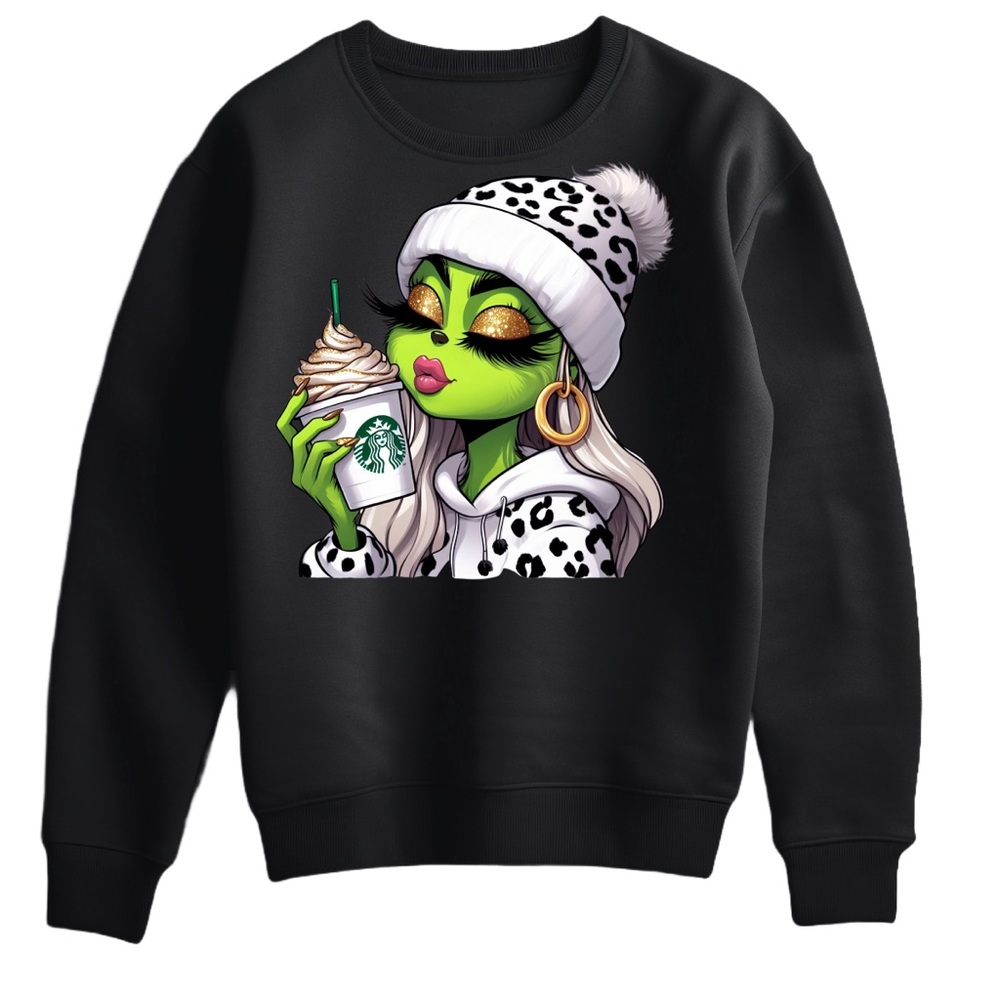 Lady Grinch drinking a mocha
